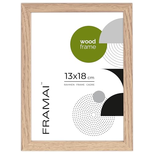 FRAMAI® Bilderrahmen, 13x18 cm, Eiche, Natur Holz Rahmen, Rahmen Echtholz Bilderrahmen, Rahmen mit Bruchsicheren Plexiglas, Aufhänger und Aufsteller (Eiche, 13x18) von FRAMAI