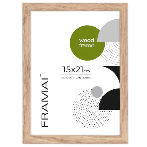 FRAMAI® Bilderrahmen, 15x21 cm, Eiche, Natur Holz Rahmen, Rahmen Echtholz Bilderrahmen, Rahmen mit Bruchsicheren Plexiglas, Aufhänger und Aufsteller von FRAMAI