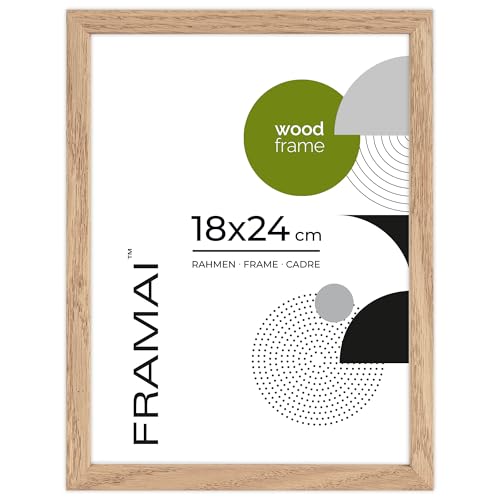 FRAMAI® Bilderrahmen, 18x24 cm, Eiche, Natur Holz Rahmen, Rahmen Echtholz Bilderrahmen, Rahmen mit Bruchsicheren Plexiglas, Aufhänger und Aufsteller von FRAMAI