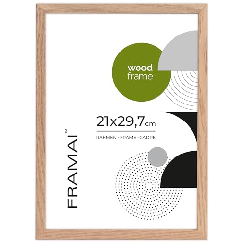 FRAMAI® Bilderrahmen, 21x29,7 cm, Eiche, Natur Holz Rahmen, Rahmen Echtholz Bilderrahmen, Rahmen mit Bruchsicheren Plexiglas, Aufhänger und Aufsteller von FRAMAI