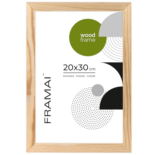 FRAMAI® Bilderrahmen 20x30, Natürlich, Natur Holz Rahmen, Rahmen Echtholz Bilderrahmen, Rahmen mit Bruchsicheren Plexiglas, Aufhänger und Aufsteller von FRAMAI