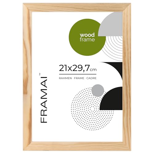 FRAMAI® Bilderrahmen 21x29,7 cm, A4, Natürlich, Natur Holz Rahmen, Rahmen Echtholz Bilderrahmen, Rahmen mit Bruchsicheren Plexiglas, Aufhänger und Aufsteller von FRAMAI