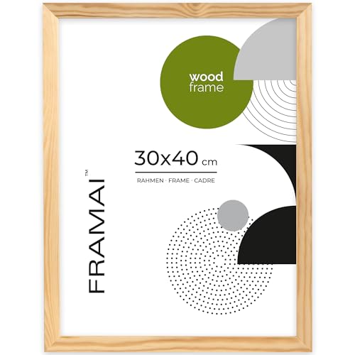 FRAMAI® Bilderrahmen 30x40 cm, Natürlich, Natur Holz Rahmen, Rahmen Echtholz Bilderrahmen, Rahmen mit Bruchsicheren Plexiglas, Aufhänger und Aufsteller von FRAMAI