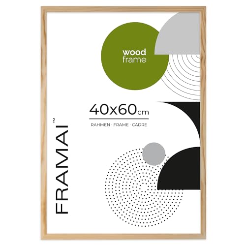 FRAMAI® Bilderrahmen 40x60 cm, Natürlich, Natur Holz Rahmen, Rahmen Echtholz Bilderrahmen, Rahmen mit Bruchsicheren Plexiglas, Aufhänger und Aufsteller von FRAMAI