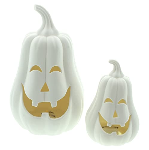 FRANK FLECHTWAREN LED-Kürbis White, 2er Set, Porzellan, warmweiße LED, batteriebetrieben, An-/Aus-Schalter Maße: Ø 7 x 11 cm, Ø 11 x 17 cm, Gruselige lustige Halloween Beleuchtung und Deko von FRANK FLECHTWAREN