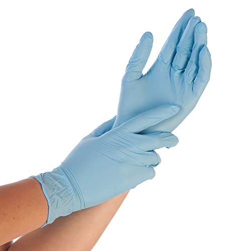 FRANZ MENSCH 100 Stück Hygostar Nitrilhandschuhe Safe Premium | puderfrei, Packung, blau, 8/M, L: 24cm, Spenderbox von FRANZ MENSCH