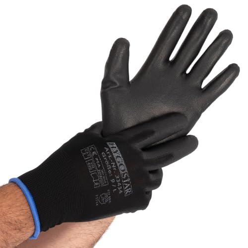 FRANZ MENSCH 12 Stück Hygostar Feinstrickhandschuhe Black Ace Touch | PU-Beschichtung, Packung, schwarz, 9/L, L: 25cm, Feinstrickhandschuhe,Montagehandschuhe, Schutzhandschuhe von FRANZ MENSCH