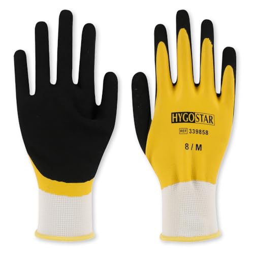 FRANZ MENSCH 12 Stück Hygostar Feinstrickhandschuhe Wet Protect | Latex-Beschichtung, Packung, gelb-schwarz, 9/L, L: 25cm, Schutzhandschuhe, Arbeitshandschuhe, Handwerkhandschuhe von FRANZ MENSCH