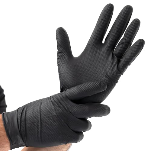 FRANZ MENSCH 50 Stück Hygostar Nitrilhandschuhe Power Grip | puderfrei, Packung, schwarz, 10/XL, L: 24cm, Einweghandschuhe, Mechaniker, Latexfrei, Fischschuppen-Struktur von FRANZ MENSCH