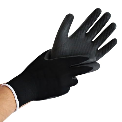 FRANZ MENSCH 12 Stück Feinstrickhandschuhe Ultra Grip | Latex-Schaumbeschichtung, Packung, schwarz, 10/XL, L: 26cm von FRANZ MENSCH