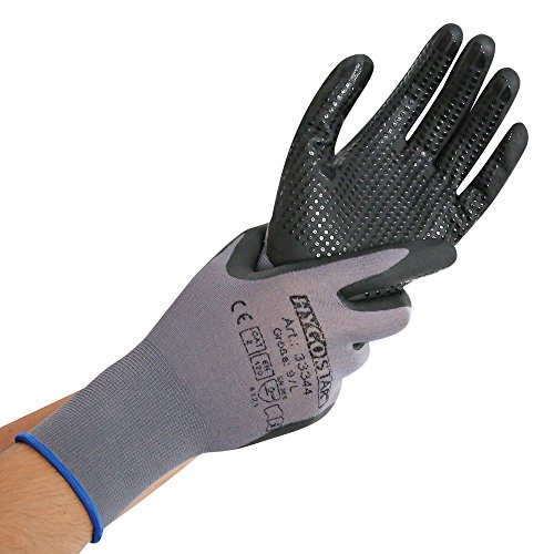 FRANZ MENSCH 12 Stück Hygostar Feinstrickhandschuhe Ergo Flex Dotty | Nitril-PU-Beschichtung, Packung, grau-schwarz, 10/XL, L: 26cm von FRANZ MENSCH