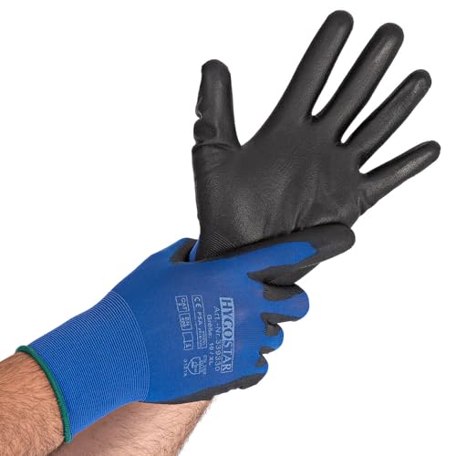 FRANZ MENSCH 12 Stück Hygostar Feinstrickhandschuhe Ultra Light | PU-Beschichtung, Packung, blau-schwarz, 10/XL, L: 26cm von FRANZ MENSCH