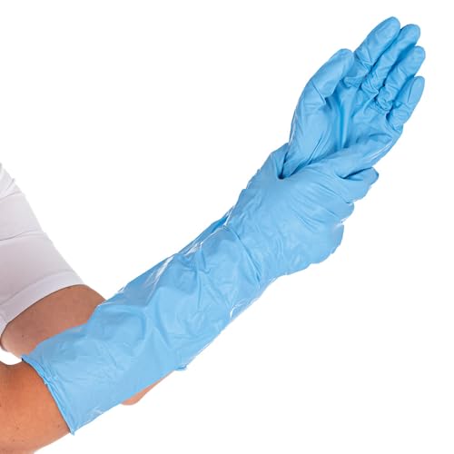 FRANZ MENSCH 50 Stück Hygostar Nitrilhandschuhe Extra Safe Superlong | puderfrei, Packung, blau, 10/XL, L: 40cm, Nitrilhandschuhe, Schutzhandschuhe, Einmalhandschuhe von FRANZ MENSCH