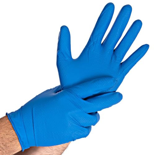 FRANZ MENSCH 50 Stück Hygostar Nitrilhandschuhe Power Grip | puderfrei, Packung, blau, 10/XL, L: 24cm, Einweghandschuhe, Mechaniker, Latexfrei, Fischschuppen-Struktur von FRANZ MENSCH