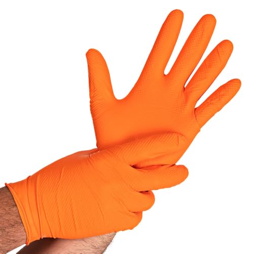 FRANZ MENSCH 50 Stück Hygostar Nitrilhandschuhe Power Grip | puderfrei, Packung, orange, 7/S, L: 24cm, Einweghandschuhe, Mechaniker, Latexfrei, Fischschuppen-Struktur von FRANZ MENSCH