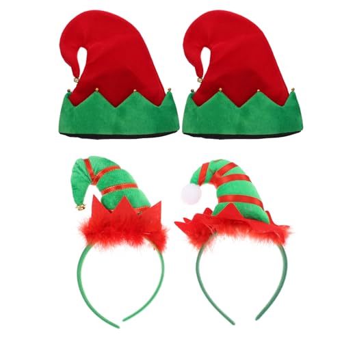 FRCOLOR 4 Stück Weihnachts-Elfenmütze Und Grün-Rote Elfenfilz-Stirnbänder Weihnachtsfeierhüte Mit Glocken Weihnachtsfest Elfenhut Partyzubehör Kostüm Cosplay-Requisiten Für von FRCOLOR