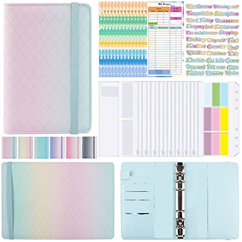 FREDY A6 Gradient Macaron Binder Hand Ledger Notizbuch Leder PU Loseblatt Buch Bargeld Budget Buch mit Reißverschlusstasche Grün Rosa von FREDY