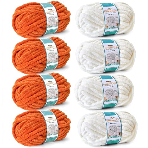 FREEASYFAR Dickes Chenille-Garn zum Häkeln, sperriges, flauschiges Garn zum Stricken, 100 % Polyester, Jumbo 7–8 Stück (45 m, 250 g pro Knäuel) – Handstrickdecke, DIY (Orange + Weiß, 8 Stück) von FREEASYFAR