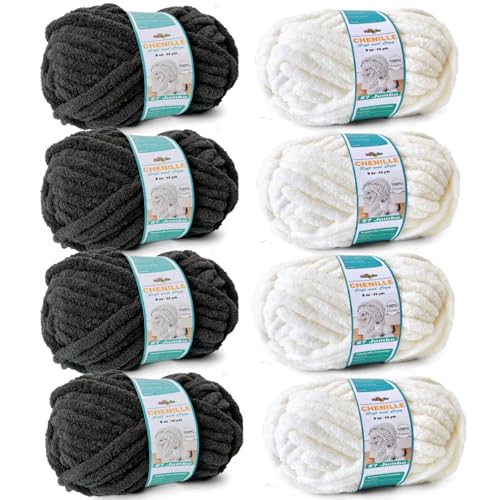 FREEASYFAR Dickes Chenille-Garn zum Häkeln, sperriges, flauschiges Garn zum Stricken, 100 % Polyester, Jumbo 7–8 Stück (45 m, 250 g pro Knäuel) – Handstrickdecke, DIY (dunkelgrau + weiß, 8 Stück von FREEASYFAR