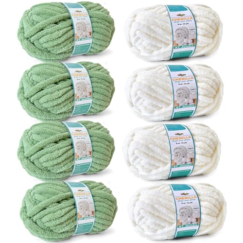 FREEASYFAR Dickes Chenille-Garn zum Häkeln, sperriges flauschiges Garn zum Stricken, 100 % Polyester, Jumbo 7–8 Stück (45 m, 250 g pro Knäuel) – Handstrickdecke, DIY (Salbeigrün + Weiß, 8 Stück von FREEASYFAR