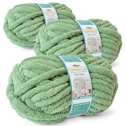 FREEASYFAR Grobes Chenille-Garn zum Häkeln, sperriges, flauschiges Garn zum Stricken, 100 % Polyester, Jumbo, 7 - 45 m pro Knäuel, Handstrickdecke, DIY, Salbeigrün, 3 Stück von FREEASYFAR