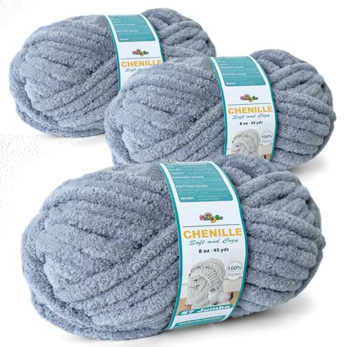 FREEASYFAR Grobes Chenille-Garn zum Häkeln, sperriges, flauschiges Garn zum Stricken, 100 % Polyester, Jumbo, 7 - 45 m pro Knäuel, Handstrickdecke, DIY (Hellgrau, 3 Stück) von FREEASYFAR