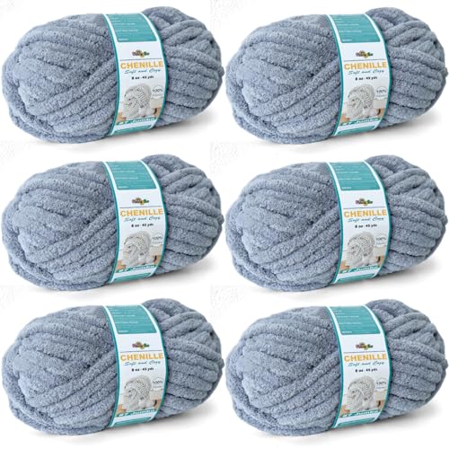 FREEASYFAR Grobes Chenille-Garn zum Häkeln, sperriges, flauschiges Garn zum Stricken, 100 % Polyester, Jumbo, 7 - 45 m pro Knäuel, Handstrickdecke, DIY (Hellgrau, 6 Stück) von FREEASYFAR