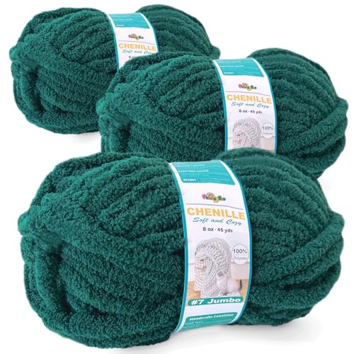 FREEASYFAR Grobes Chenille-Garn zum Häkeln, sperriges, flauschiges Garn zum Stricken, 100 % Polyester, Jumbo, 7 - 45 m pro Knäuel, Handstrickdecke, DIY (Jadegrün, 3 Stück) von FREEASYFAR