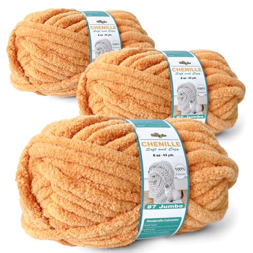 FREEASYFAR Grobes Chenille-Garn zum Häkeln, sperriges, flauschiges Garn zum Stricken, 100 % Polyester, Jumbo, 7 - 45 m pro Knäuel, Handstrickdecke, DIY (Khaki, 3 Stück) von FREEASYFAR