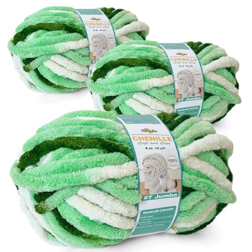 FREEASYFAR Grobes Chenille-Garn zum Häkeln, sperriges, flauschiges Garn zum Stricken, 100 % Polyester, Jumbo, 7 - 45 m pro Knäuel, Handstrickdecke, DIY (Mint Forest, 3 Stück) von FREEASYFAR