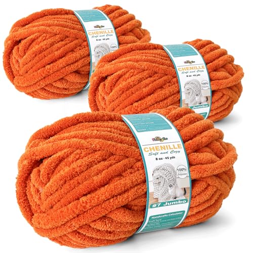 FREEASYFAR Grobes Chenille-Garn zum Häkeln, sperriges, flauschiges Garn zum Stricken, 100 % Polyester, Jumbo, 7 - 45 m pro Knäuel, Handstrickdecke, DIY (Orange, 3 Stück) von FREEASYFAR