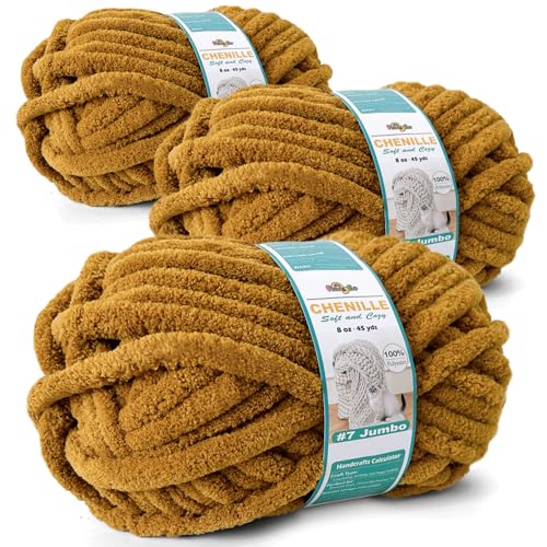 FREEASYFAR Grobes Chenille-Garn zum Häkeln, sperriges, flauschiges Garn zum Stricken, 100 % Polyester, Jumbo, 7 - 45 m pro Knäuel, Handstrickdecke, DIY (Senfbraun, 3 Stück) von FREEASYFAR