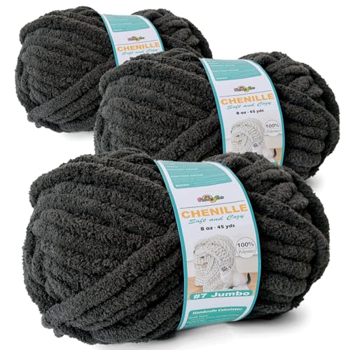 FREEASYFAR Grobes Chenille-Garn zum Häkeln, sperriges, flauschiges Garn zum Stricken, 100 % Polyester, Jumbo, 7 - 45 m pro Knäuel, Handstrickdecke, DIY (dunkelgrau, 3 Stück) von FREEASYFAR