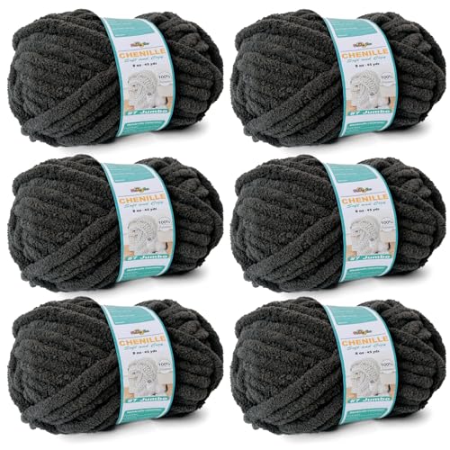 FREEASYFAR Grobes Chenille-Garn zum Häkeln, sperriges, flauschiges Garn zum Stricken, 100 % Polyester, Jumbo, 7 - 45 m pro Knäuel, Handstrickdecke, DIY (dunkelgrau, 6 Stück) von FREEASYFAR