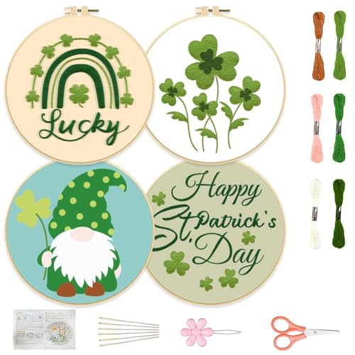 FFREEBLOSS 4 Set Sticken Set Erwachsene Stickereiset für Den St. Patrick's Day Embroidery Set Stickerei Starter Kit mit Anleitungen Stickbilder Kreuzstich für Geschenk von FREEBLOSS