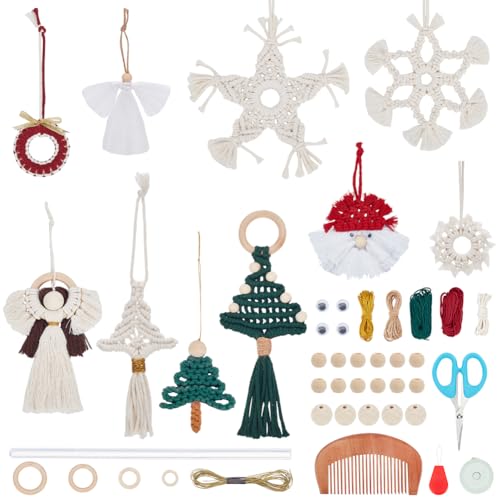 FREEBLOSS 10 Set Makramee Set Für Weihnachtsdekoration, Makramee Weihnachtswichtel, Hängeornament Set, DIY Christbaumanhänger, Makramee Sets Für Erwachsene Und Anfänger, Makramee Zubehör von FREEBLOSS