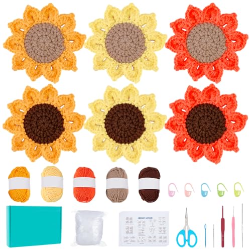 FREEBLOSS 12 Set Häkelset für Anfänger Häkeln Sonnenblume Untersetzer Kit Blume Untersetzer mit Häkelnadeln, Garn, Schritt für Schritt Video Tutorials Anfänger Häkelset für Erwachsene von FREEBLOSS