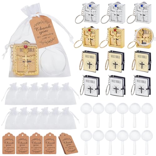 FREEBLOSS 12pcs Bibel-Geschenk-Set Lesbare Miniatur-Buch-Schlüsselanhänger mit Lupenbrille Mini-Bibelgeschenke mit weißen Organzasäckchen Bibel Schlüsselanhänger Set mit Dankeskarten von FREEBLOSS