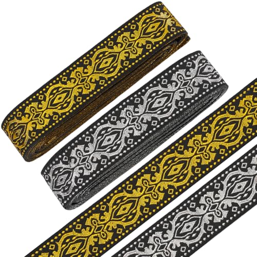 FREEBLOSS 14 m Jacquardbandbesatz Jacquard Polyesterbänder 3.3cm Gold Und Schwarzfarbener Gewebter Jacquard Stickbesatz Für Heimwerker Näharbeiten Boho Band Jacquard Für Handgefertigte von FREEBLOSS