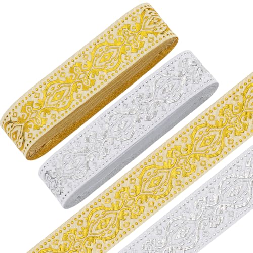 FREEBLOSS 14 m Jacquardbandbesatz Jacquard Polyesterbänder 3.3cm Gold Und Silberfarbener Jacquard Webstickbesatz Für Heimwerker Näharbeiten Boho Band Jacquard Für Handgefertigte von FREEBLOSS