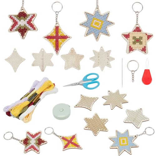 FREEBLOSS 16 Satz Hölzerne Kreuzstich-Kits DIY Schlüsselanhänger Holz-Stickerei-Set Star Style Knitting Starter Kit mit Anleitung Nähsets für 8-12 jährige für Geschenk von FREEBLOSS