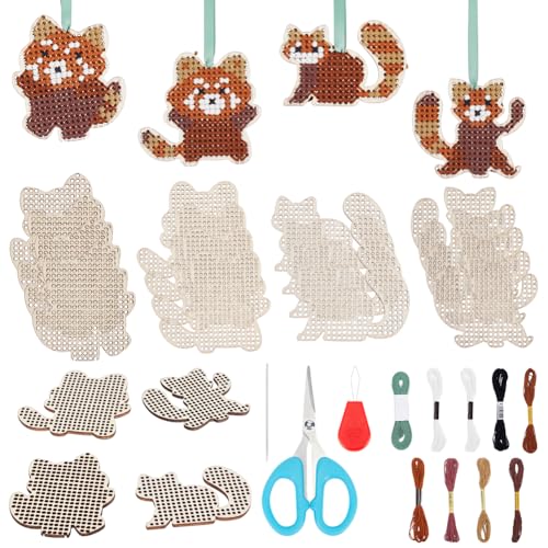 FREEBLOSS 16 Set Roter Panda Kreuzstich Set Aus Holz, Handnähsets, Kunst Und Bastelset, 4 Stile, Stickmuster, Rote Panda Form, Kreuzstich Ornamente Aus Holz, Gestempelte Kreuzstich Sets von FREEBLOSS