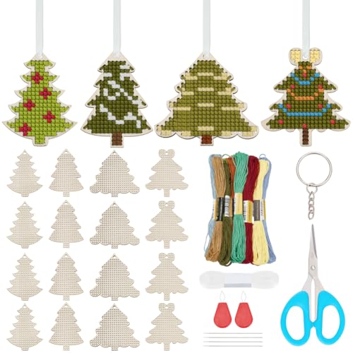 FREEBLOSS 16 Stück Kreuzstichset Aus Holz Weihnachtsbaum Holz Kreuzstich Schlüsselanhänger Holz Fädelsets Für Anfänger Weihnachts Erstnähset Stick Starter Set Für DIY Projekte Kunsthandwerk von FREEBLOSS