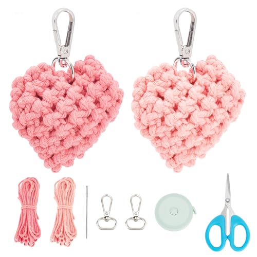 FREEBLOSS 2 Satz Makramee Schlüsselanhänger Kit Makramee Anfänger Kit 3D Herz Tasche Zubehör Charme Makramee Kit mit Anleitung DIY Handwerksprojekte für Frauen Valentine's Day von FREEBLOSS