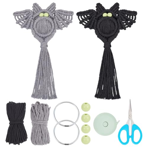 FREEBLOSS 2 Set DIY Halloween Makramee Fledermaus Set Mit Video Tutorial, Makramee Fledermaus Wandbehang, Makramee Fledermaus Hängeteppich, Fledermaus Gewebte Kunst Wanddekoration, Halloween Ornament von FREEBLOSS