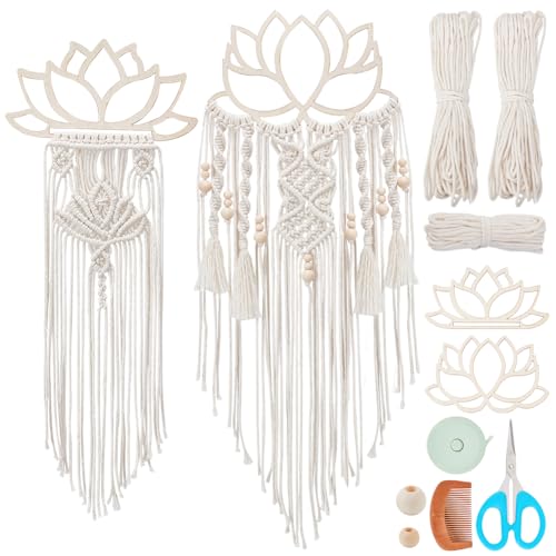 FREEBLOSS 2 Set DIY Makramee-Lotus-Wandbehang-Set, Makramee-Wandteppich Mit Makramee-Rahmen, Lotus-Wandbehang-Dekor Für Wohnzimmer, Makramee-Set Für Anfänger Mit Anleitung von FREEBLOSS