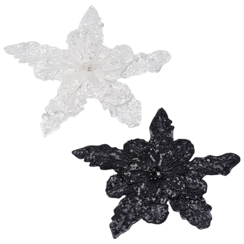 FREEBLOSS 2 x Perlen-Patches mit schwarzen und weißen Blumen, Kristall-Patches zum Aufnähen, Pailletten-Patches für Kleidung, Perlenapplikationen für Bastelarbeiten, Kleider von FREEBLOSS