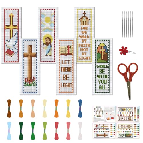 FREEBLOSS 22 x 8 cm, 6er Set Kreuzstich Lesezeichen Sets, Karierte Biblische Themen, Kreuzstichmuster, DIY Lesezeichen, Kreuzstich Sets, Gestempeltes Stick Lesezeichen Set, Gezählte Kreuzstich Sets von FREEBLOSS