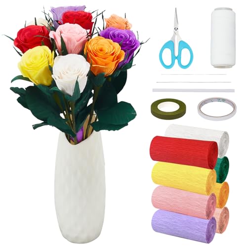 FREEBLOSS 25 Satz Krepppapier Blumen Champagner-Rosen-Stil Krepppapier-Set mit Anleitung Krepppapier-Blätter Krepppapier für die Blumenherstellung für Anfänger Partydekoration von FREEBLOSS