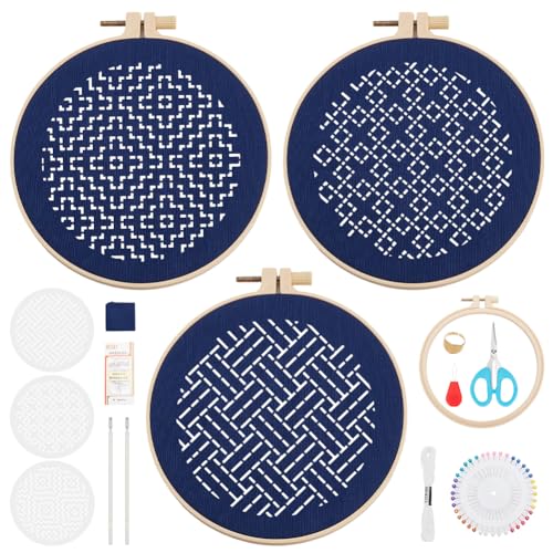 FREEBLOSS 3 Set DIY Sashiko Set Sashiko Wandbehang Sashiko Vorlagenset Für Anfänger Die Traditionelle Kunst Des Sashiko Sets Für Stickliebhaber Mit Ausführlicher Anleitung von FREEBLOSS